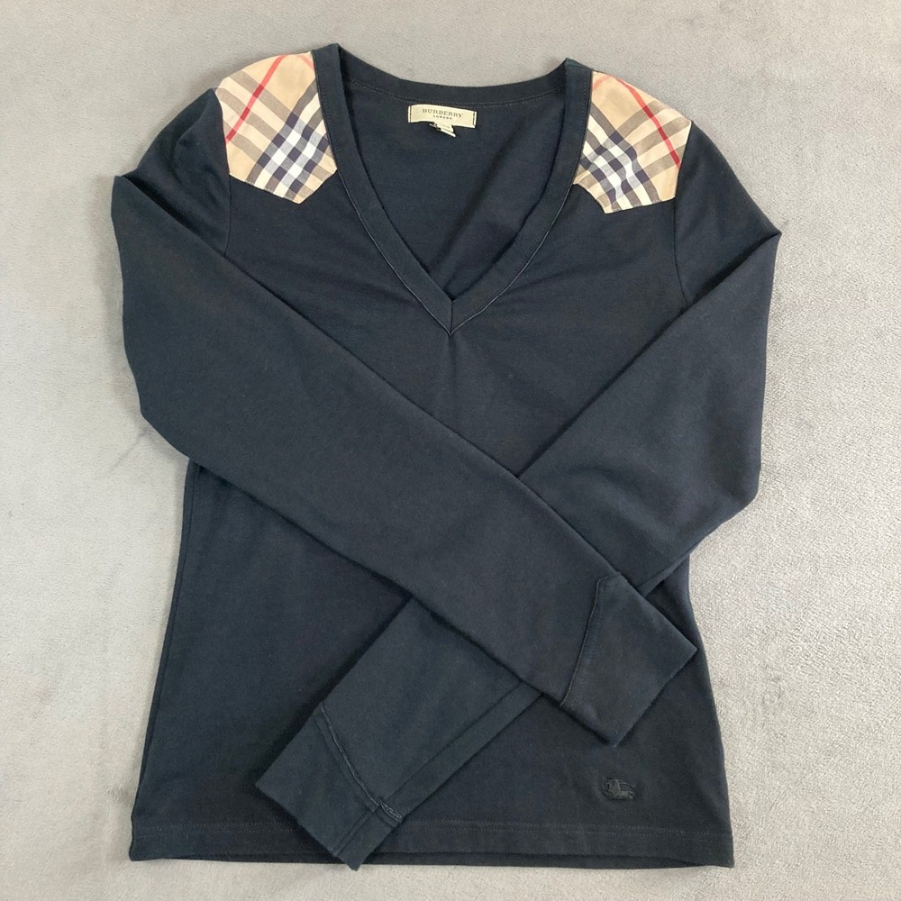 Burberry London Womens Black V-Neck Long Sleeve Nova Check Shoulder Top Small